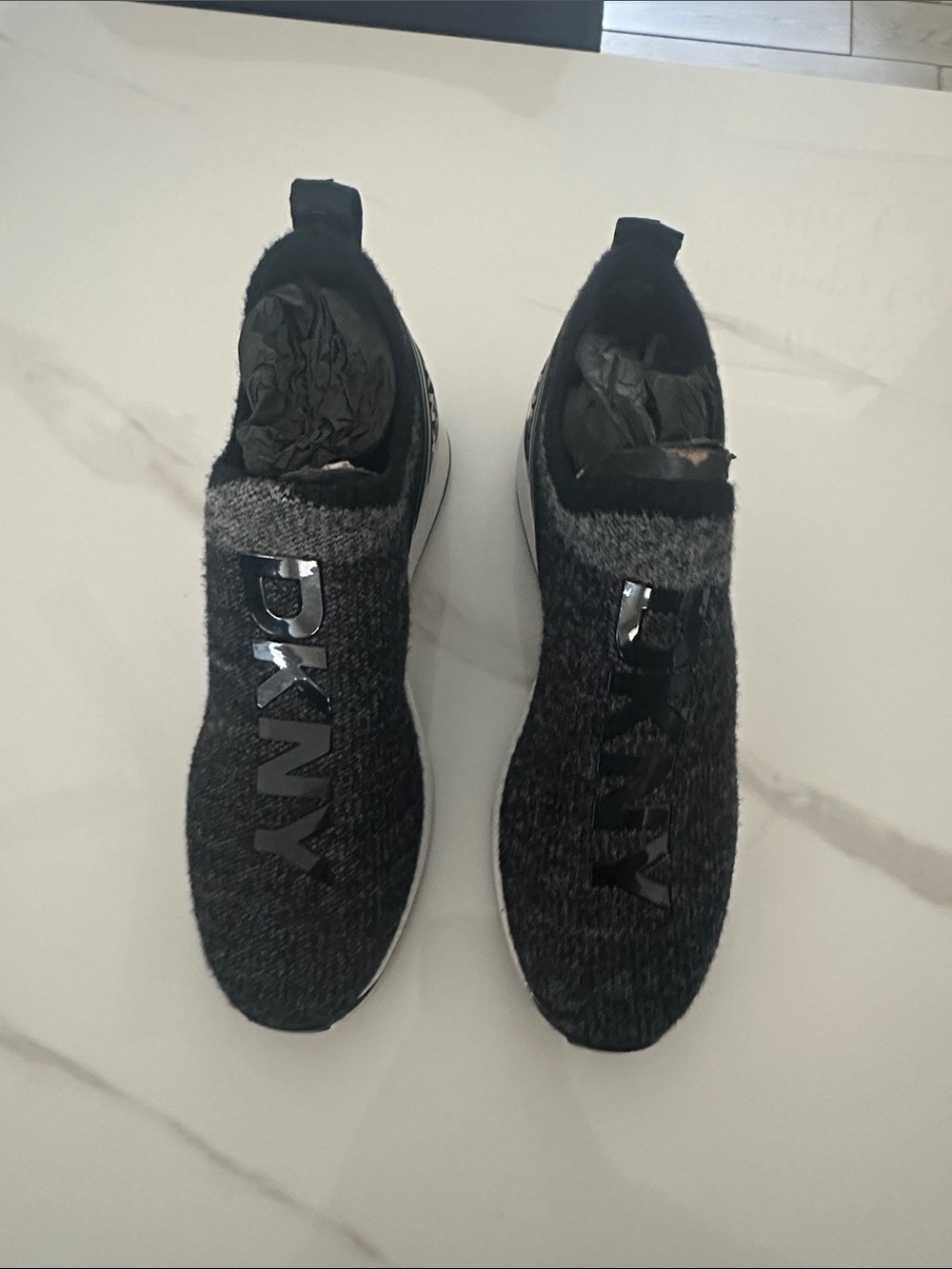 DKNY Black and Charcoal Slip-On Knit Sneakers